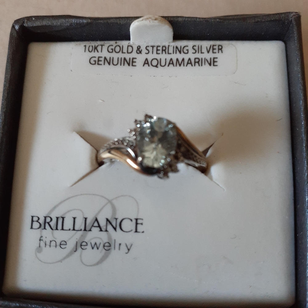 Brilliance Fine Jewelry 10k Gold And Sterling Silver Genuine Aquamarine Ring 7 - Picture 2 of 3